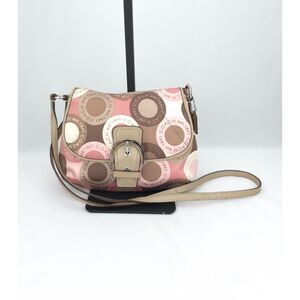 Coach Snaphead Soho Signature Flap Crossbody Bag Purse Sateen Pink Brown Beige